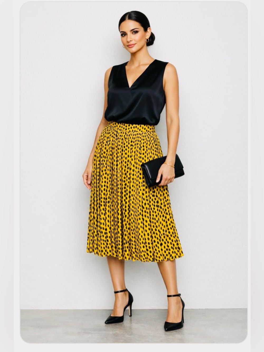 J. Crew Yellow and Black Polka Dot Pleated Midi Skirt.
